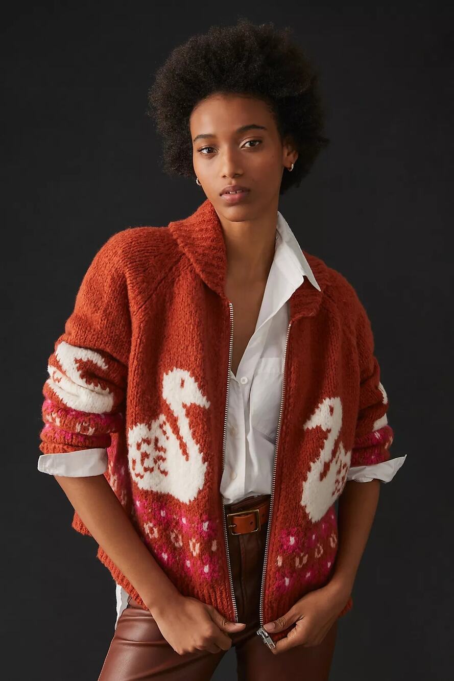 Maeve Anthropologie Swan Zip Front Cardigan Sweater
